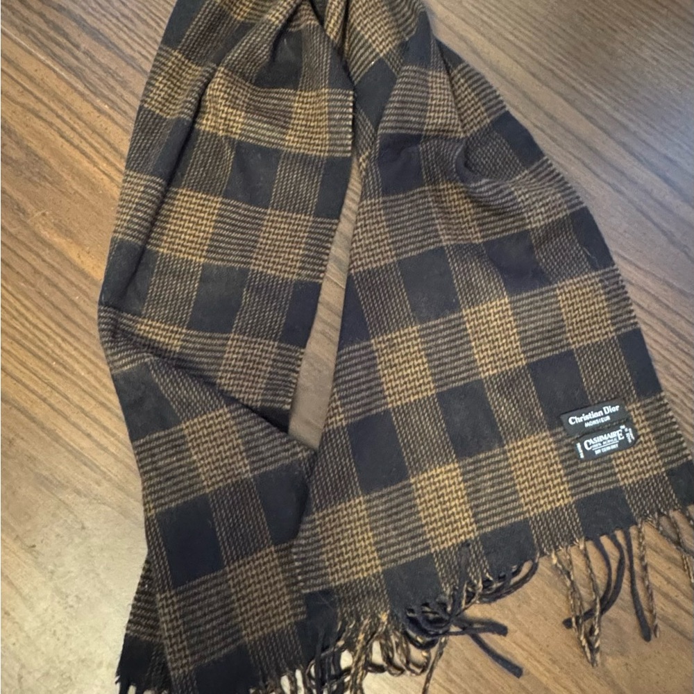 Christian Dior Men’s Black and Brown Scarf with Plaid Pattern and Fringe